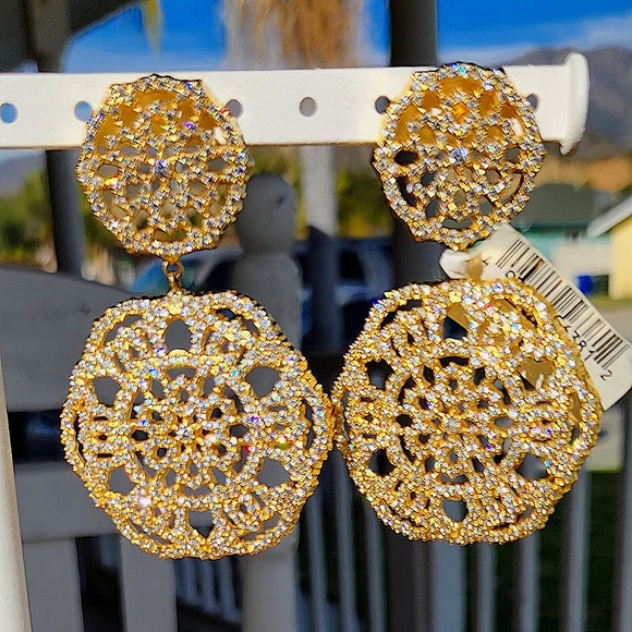 Double Filigree, Gold Plated Silver, Encrusted with Swarovski Crystals, … - Picture 1 of 6